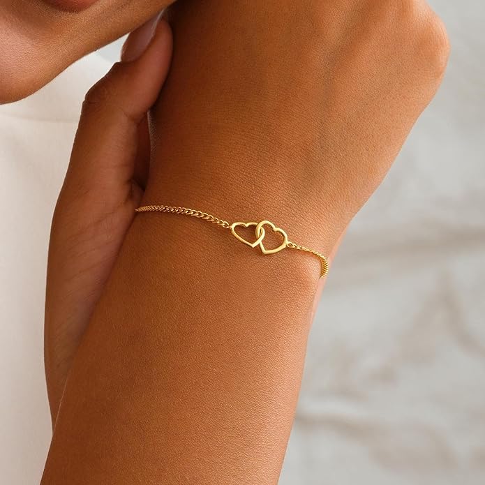 SLOONG Valentines Day Gifts for Her Gold Pearl Bracelets, 18K Real Gold Plated Dainty Stackable Snake Chain CZ Heart Pendant Bracelets, Layered Waterproof Jewelry Gift for Women Adjustable 6"+2"