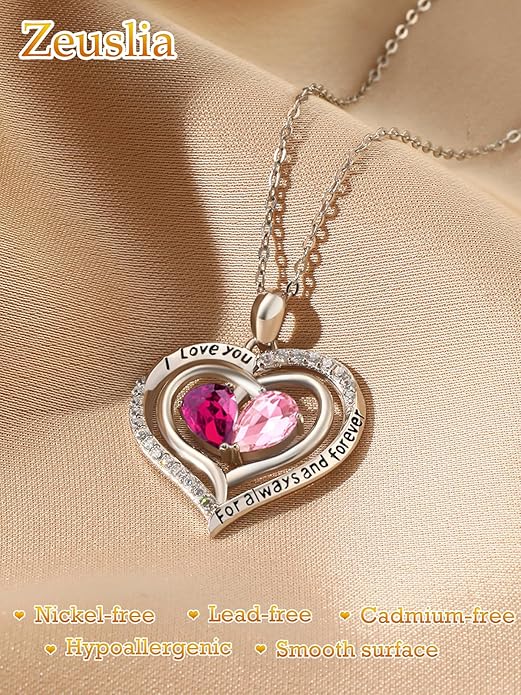Valentine's Day Gifts for Wife 925 Sterling Silver Double Birthstone Pendant Necklaces I Love You for Always and Forever Necklace Anniversary Birthday Gifts for Wife Girlfriend Mom Her