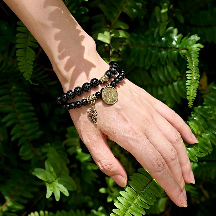 Bivei Natural Semi Precious Gemstone beads bracelet for women - Life Tree and Leaf Charm Energy Reiki Crystal Stretch Bracelets