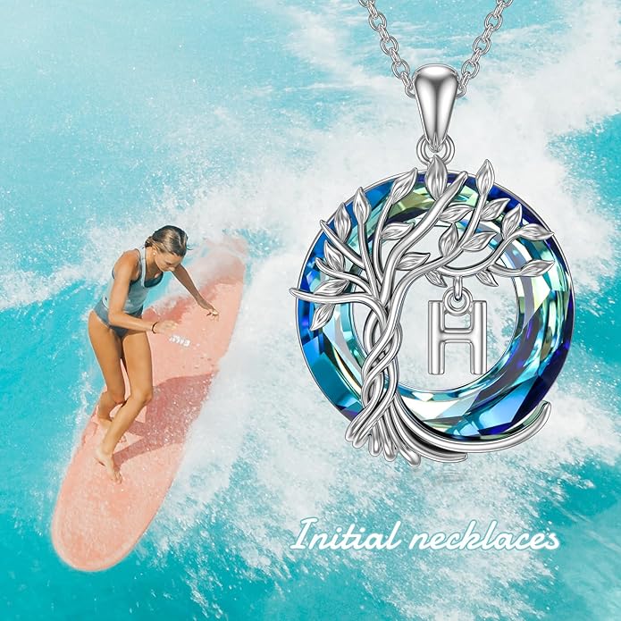 TOUPOP Gifts for Women Tree of Life Necklace 925 Sterling Silver Initial Pendant Family Tree Crystal Jewelry Valentine's Day Birthday Gifts for Her Mom Wife Girlfriend Daughter