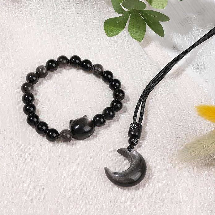 Black Obsidian Cat Bracelet and Moon Pendant Necklace Jewelry Set-Cat Lover Gifts,Wealth Attraction,Good Luck,Bead Bracelet,Mindfulness,Beaded Bracelets, Obsidian Pendant Necklace-Cute Gifts for Women