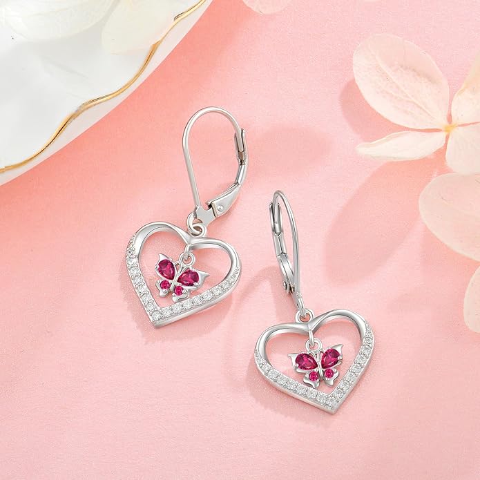 Butterfly Birthstone Heart Dangle Drop Earrings, 925 Strlings Silver 5A Cubic Zircon Leverback Earrings Jewelry Anniversary Birthday Gifts for Women