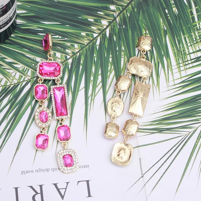Vintage Rectangle Teardrop Chandelier Earrings, Art Deco Wedding Austrian Crystal Drop Dangle Earrings for Women Party Prom