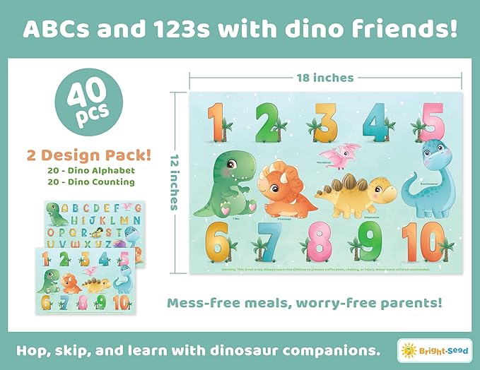 Disposable Placemats for Baby, Toddlers and Kids, 40 Disposable Baby Placemats for Restaurant, Dining Table & Travel, Learning Placemats for Kids, Toddler Travel Essential, Dinosaurs ABC & Numbers