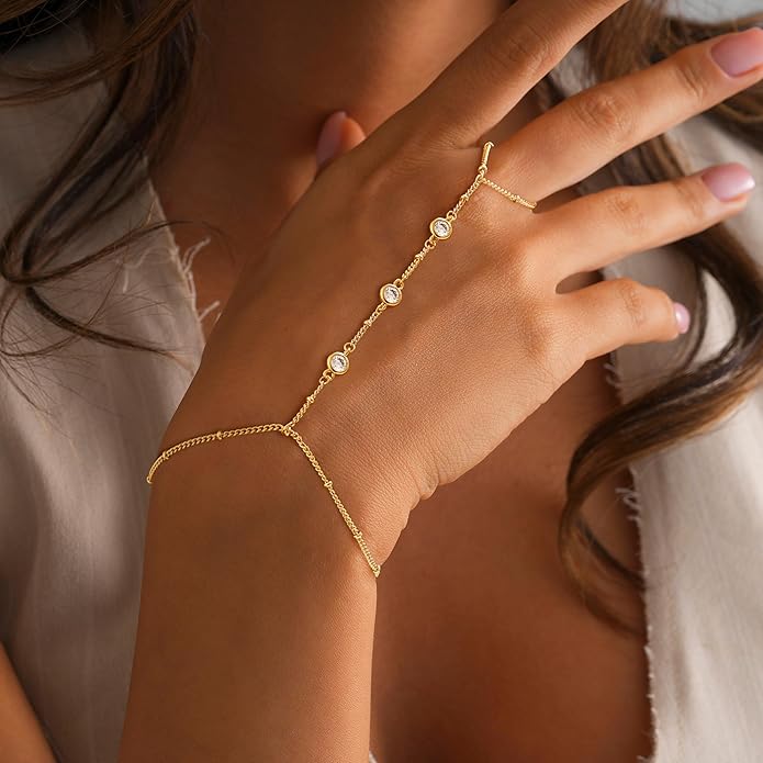 Valentine Gift 14K Gold Plated Hand Chain Bracelet for Women Trendy, 2 Pcs Stackable Gold/Silver Finger Ring Bracelet Hand Chain Dainty Non Tarnish Waterproof Set Jewelry Adjustable 7'+2