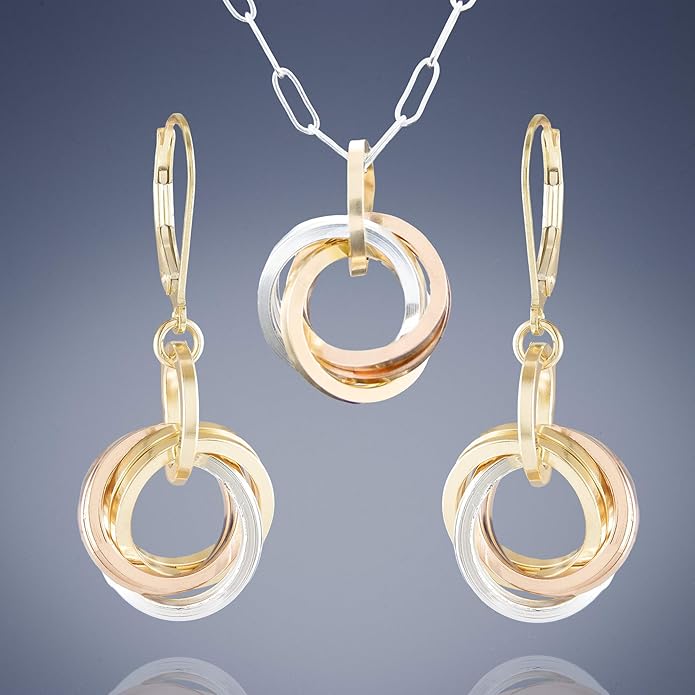 Tahmi Tricolor Jewelry Gift Set for Women | Everyday Secure Leverback Earrings & Pendant Necklace in 14K Yellow & Rose Gold-Filled and Sterling Silver 925, 18"