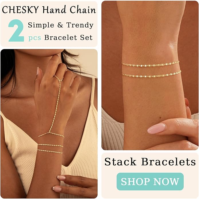 CHESKY 14K Gold Plated Hand Chain Bracelets for Women Set - Dainty Finger Ring Bracelet Stack Adjustable Hand Chains Durable Beaded Bracelets Trendy Simple Body Jewelry Gift for Women