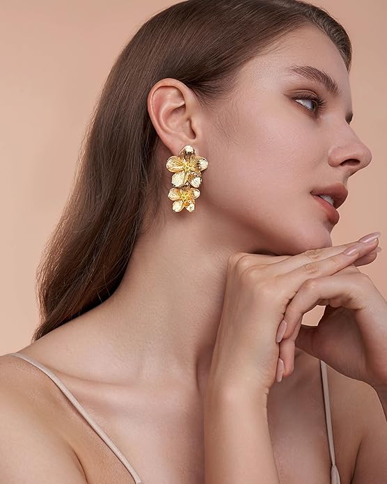 18K Gold Plated Large Chunky Flower Statement Earrings for Women by SNGIA, Summer Beach Floral Handmade Drop Jewelry, Maximalist Wedding Date Birthday Gift, Bold Exaggerated Textured Dangle Trendy Ribbed Jewelry, 18K Gold Plated Chandelier Fashion Acce...