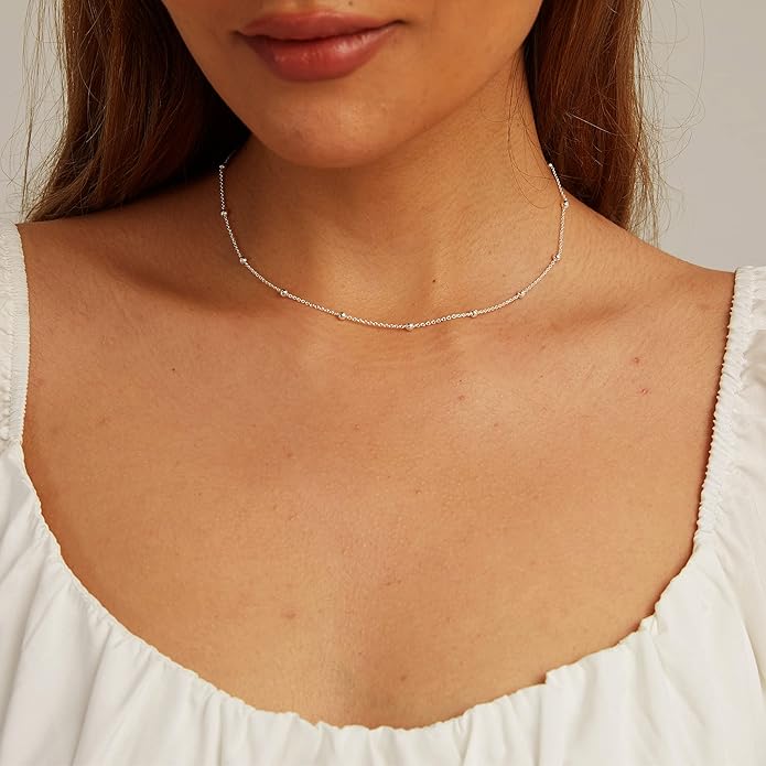 CHESKY 14k Gold Plated/Silver Plated Dainty Necklace for Women, Trendy Satellite Choker Necklace Thin Beaded Layered Choker Necklaces Discs Paperclip Chain Necklaces Womens Simple Jewelry