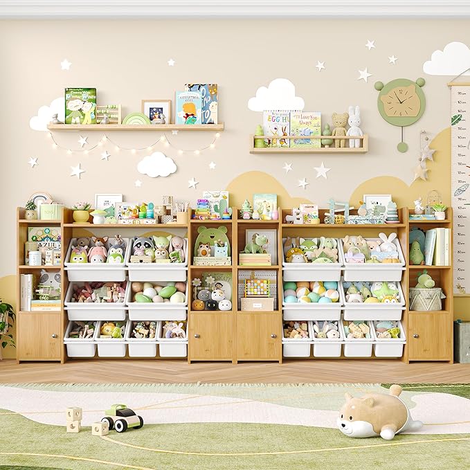 FOTOSOK 55''Large Toy Storage Organizer with 8 Toy Bins, Toy Organizers and Storage with Shelf and 6 Storage Cubbies, Bookshelf for Kids, Playroom Organization and Storage Bins, Natural