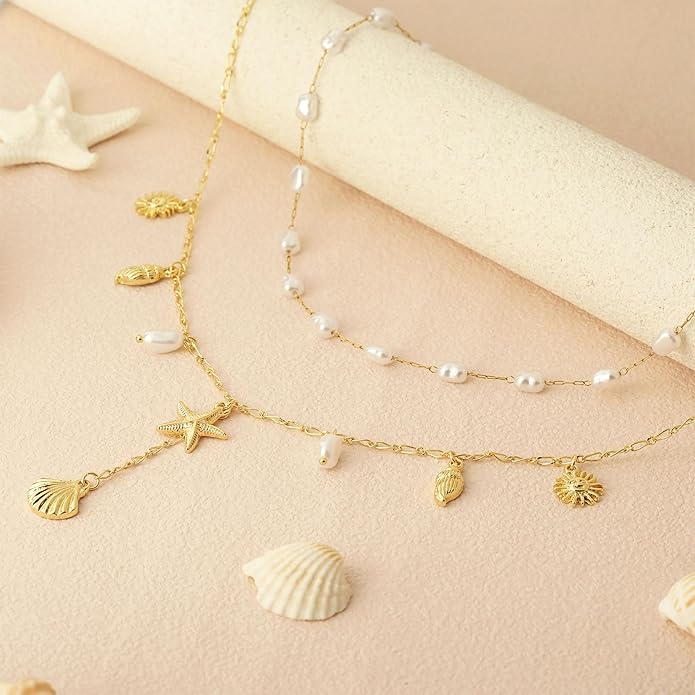 Shell Charm Necklace For Women Stack Seashell Pearl Dainty Starfish Beach Layered 14k Gold Plated Pendant Summer Boho Jewelry Gifts