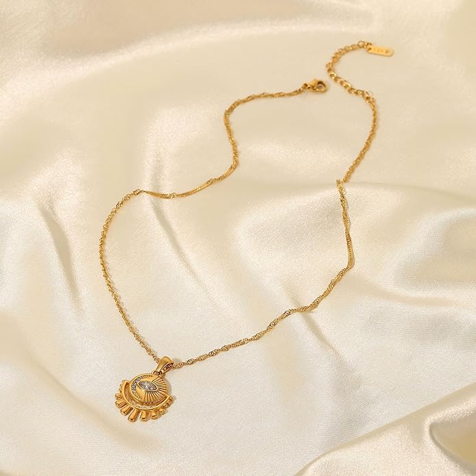 IBARA Women Gold Dianty Necklace Sun Crescent Moon Star Evil Eye Lock Lovely Heart Flower Butterfly Pearl Pendant Coin Necklaces 18K Gold CZ Diamond Filled Chain Boho Beach Simple Handmade Jewelry