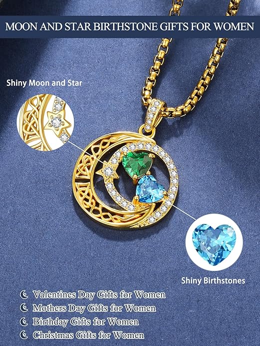 14K Gold Moon and Star Necklace Gifts for Women - Double Heart Birthstone Necklace, Valentines Wedding Anniversary Birthday Gifts for Her Wife Mom Daughter Grandma Sister