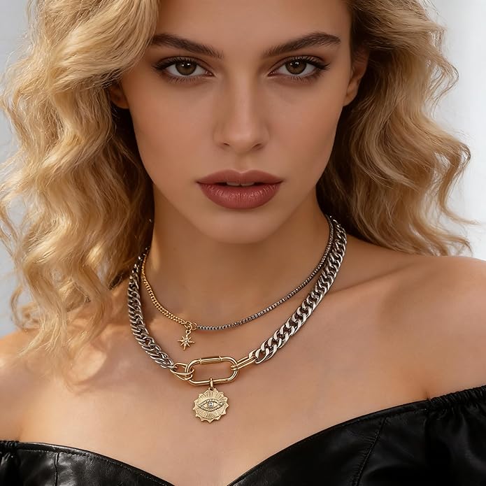 Gold Layered Necklaces for Women, 2PCS/3PCS Mixed Metal Necklace Set with Gold and Silver Necklace Chains with Evil Eye, Star & Spike Charms, Chunky Necklaces for Women & Necklace Stack Trendy Pendant Jewelry Birthday Valentines Day Gifts for Her
