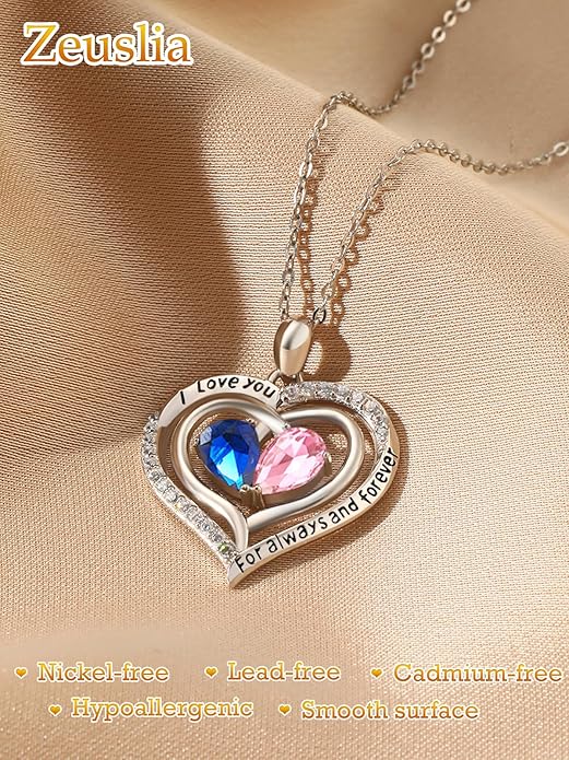 Valentine's Day Gifts for Wife 925 Sterling Silver Double Birthstone Pendant Necklaces I Love You for Always and Forever Necklace Anniversary Birthday Gifts for Wife Girlfriend Mom Her