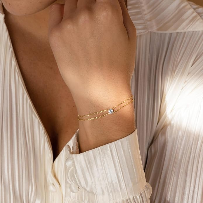 SLOONG Valentines Day Gifts for Her Gold Pearl Bracelets, 18K Real Gold Plated Dainty Stackable Snake Chain CZ Heart Pendant Bracelets, Layered Waterproof Jewelry Gift for Women Adjustable 6"+2"