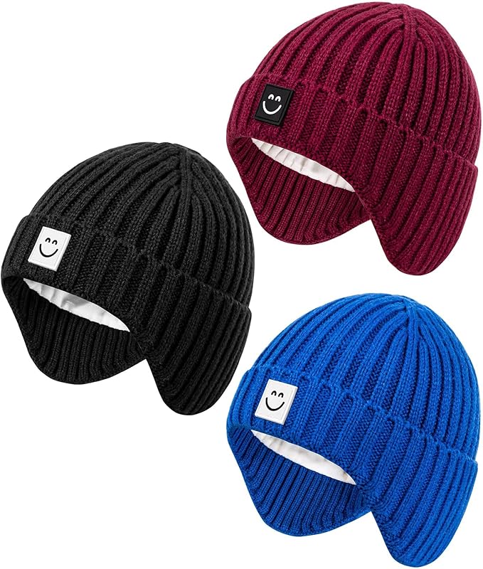 3 Pack Baby Beanie Hats with Earflaps, 2 Size Baby Winter Hat for Infant Toddler Kids, Fleece Lined Knit Hat for Girls Boys