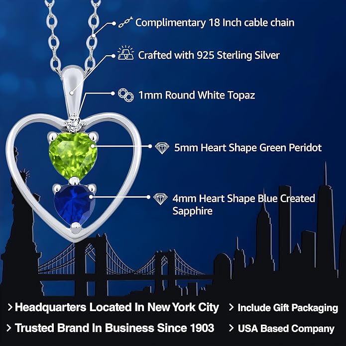 Gem Stone King 925 Sterling Silver Green Peridot Blue Created Sapphire and White Topaz Pendant Necklace For Women (0.90 Cttw, Gemstone August Birthstone, Heart 5MM and 4MM, with 18 Inch Silver Chain)