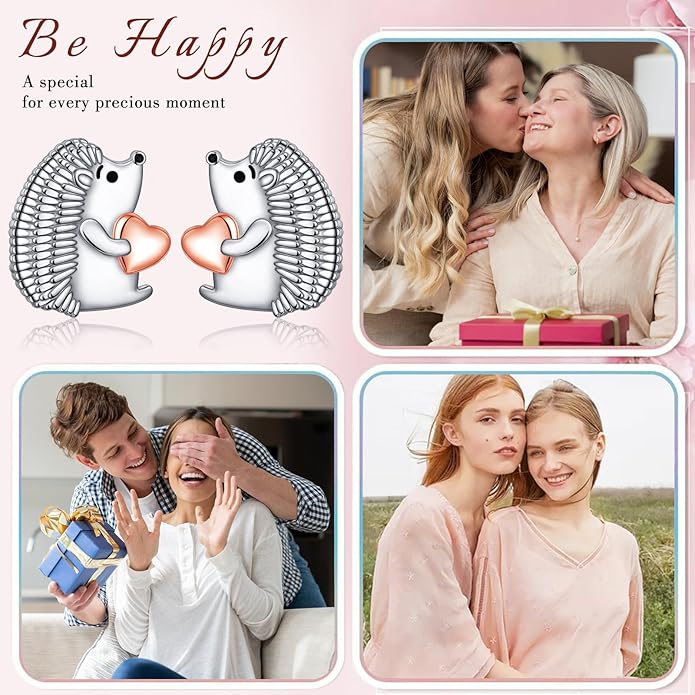 FLYOW 925 Sterling Silver Cute Animal Heart CZ Hedgehog Pendant Necklace and Stud Earrings Bracelet Set for Women Birthday Jewelry