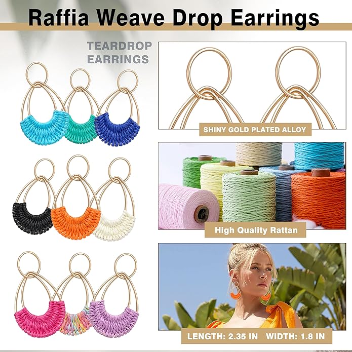 Raffia Hoop Earrings for Women Fun Boho Summer Beach Earrings Lightweight Handmade Straw Wicker Rattan Dangle Earrings Statement Geometric Round Drop Earrings