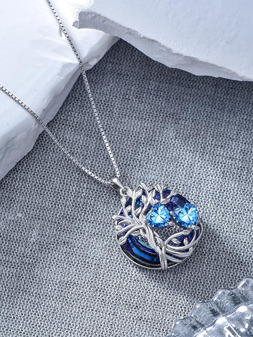 TOUPOP s925 Sterling Silver Family Celtic Tree of Life Pendant Necklaces with 2 Heart Birthstone with Blue Austrian Crystal Jewelry Birthday Valentines Day Gifts for Her, Anniversary Christmas Gifts for Wife Girlfriend Mom (18K Real White Gold Filled)