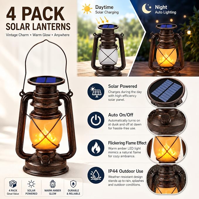 Marlrin Solar Lanterns Outdoor Waterproof 4 Pack LED Flickering Flame Light | - Image 3