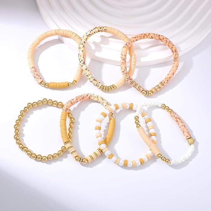Heishi Beaded Stretch Bracelets for Women Stackable Polymer Clay Beads Bracelets Friendship Boho Summer Beach Bracelet Jewelry Set