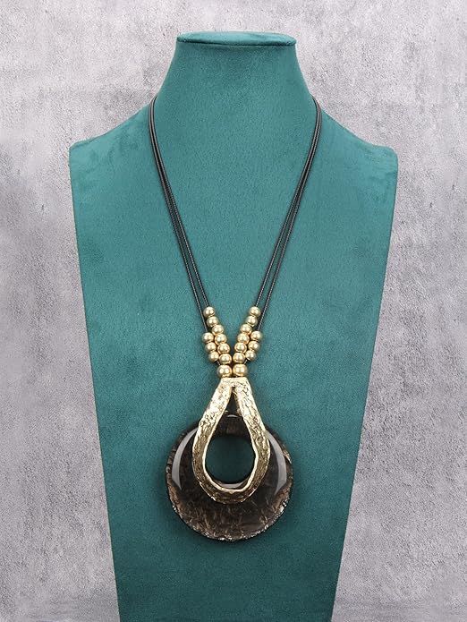GelConnie Leather Necklace for Women Large Pendant Long Brown Necklace Circle Leather Choker Vintage Sweater Necklace Gold Chunky Boho Necklaces for Women