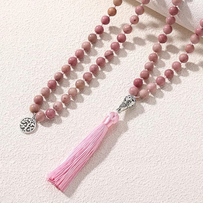 INBLUE 108 Mala Prayer Beads Wrap Necklace with Long Tassel Boho Necklace for Women Amazonite Bead Bracelet with Spiritual Tree of Life Pendant 108 Beads Necklace for Meditation