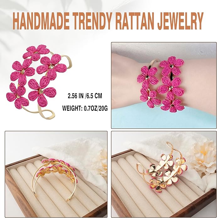 Raffia Flower Cuff Bangle Bracelet for Women, Adjustable Boho Floral Wide Open Bangle for Summer Beach, Handmade Trendy Rattan Jewelry