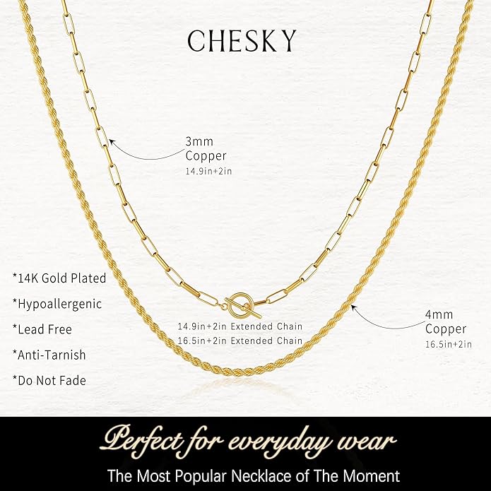 CHESKY Layered Necklaces for Women, 14K Gold Plated Chain Necklace Women Trendy Cuban Link Paperclip Chain Toggle Clasp Necklace Fashion Chunky Jewelry for Women