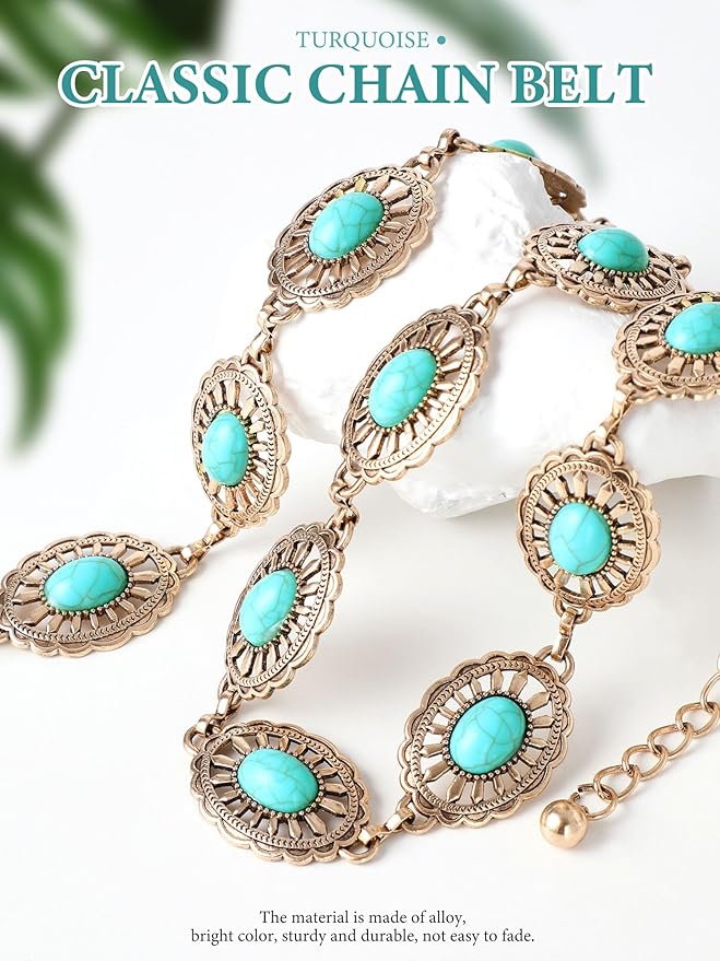 FIORETTO Metal Waist Chain Link Belt for Women Western Cowgirl Boho Turquoise Belts for Dress Jeans Country Concert Outfit