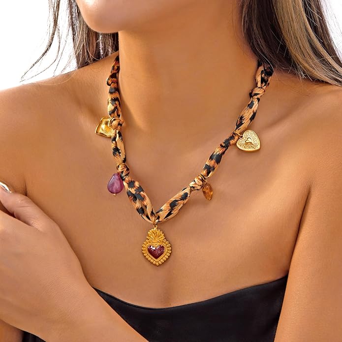 RINHOO FRIENDSHIP Silk Scarf Necklace for Women - Adjustable Boho Vintage Bandana Choker with 18K Non-Tarnish Gold Charms (Assorted Pendants & Patterns) Layered Jewelry Gift Box