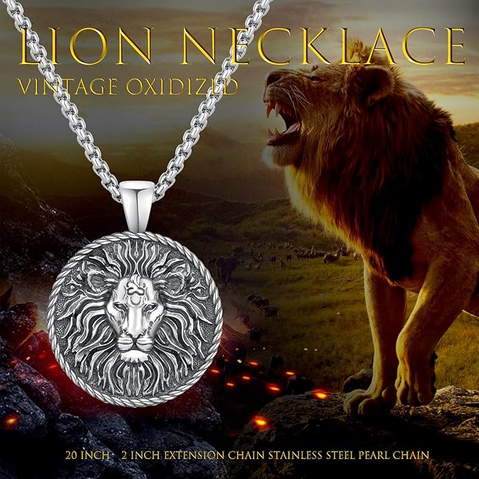 Cuoka Lion Necklace for Men Women S925 Sterling Silver King Retro Punk Gothic Hip Hop Rock Animal Lion Head Pendant Charm Jewelry Chain Necklace Viking Protection Amulet Necklaces