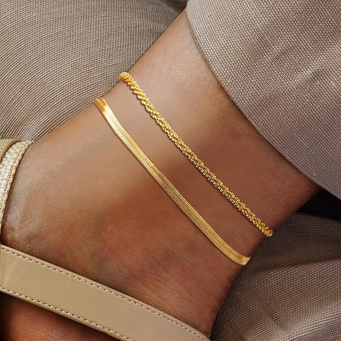 Risamil 14K Gold Plated Ankle Bracelets for Women, Anklets for Women Waterproof Layered Ankle Bracelets for Women Teen Girl Herringbone Anklet Set Summer Foot Jewelry Gifts