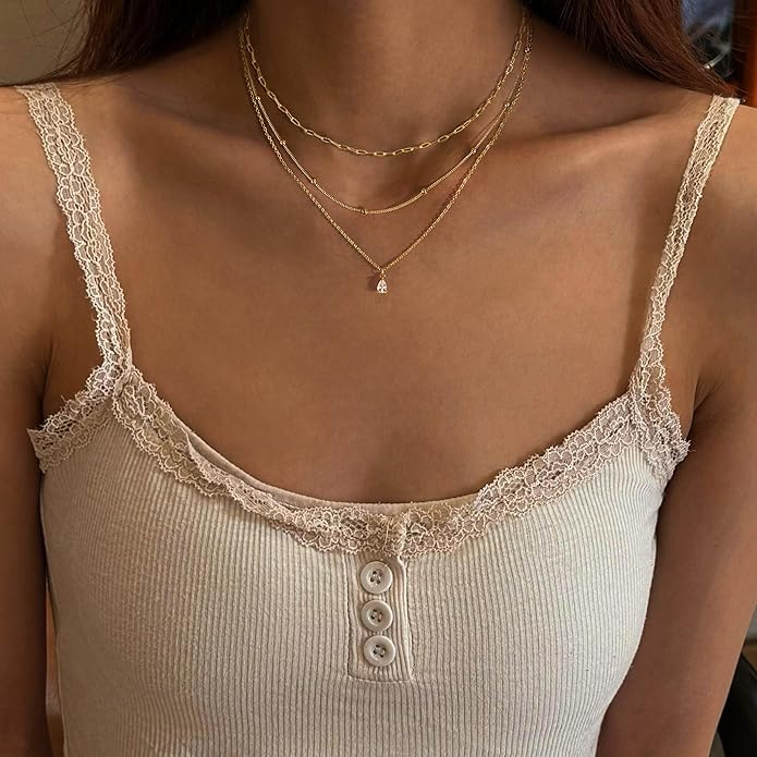 Layered Necklaces for Women,Dainty 14k Gold Plated CZ Layered Choker Necklace for Women Trendy Non Tarnish Hypoallergenic Beaded Paperclip Chain Necklace Stack Women's Minimalist Gold Jewelry Gifts