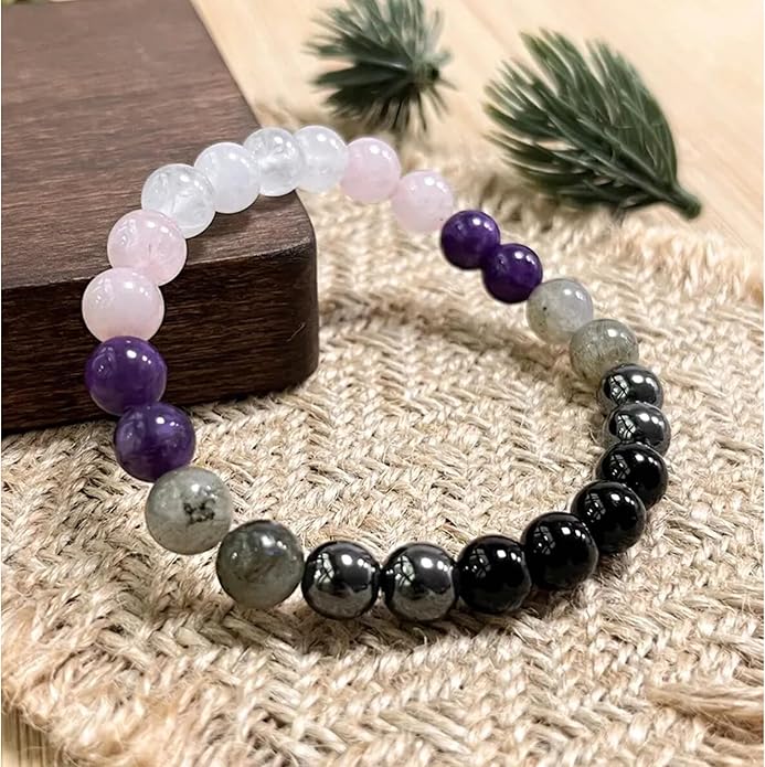 Valentines Days Gift Empath Protection Beaded Crystal Bracelet – Natural Stone Jewelry with Onyx, Amethyst, Labradorite, Rose Quartz & White Jade Easter Basket Christmas Baptism Birthday Healing Gifts