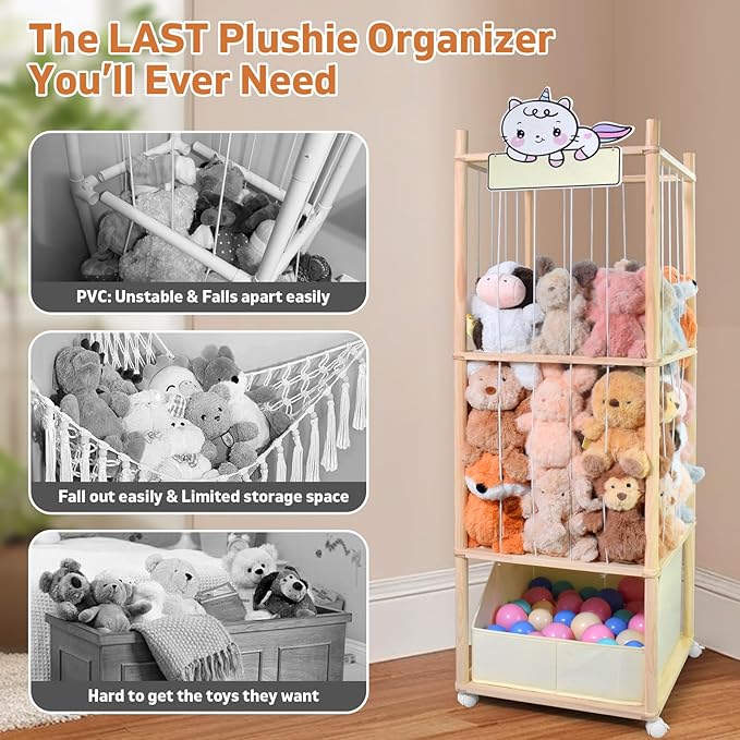 Stuffed Animal Storage with Tiny Toys Tray, Wood Stuffed Animal Zoo Storage with Brake Wheels, Space-Saving Plushie Playhouse for Nursery, Playroom, Kids Bedroom- Easy Assembly