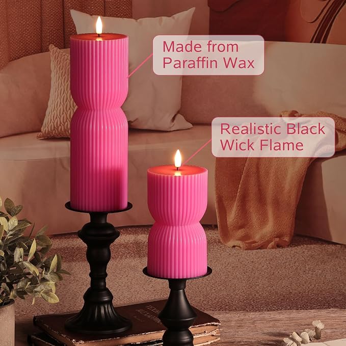 Hot Pink Ribbed Flameless Pillar Candles - Image 5