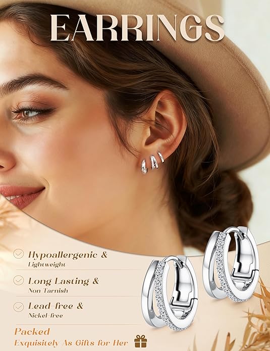 MILACOLATO 3 Pairs Small 14K Gold Plated Hoop Earrings for Women Trendy Hypoallergenic Silver Earring Stacks Huggie Hoops Earring Sets for Multiple Piercing Chunky Double Hoop Jewelry Lightweight