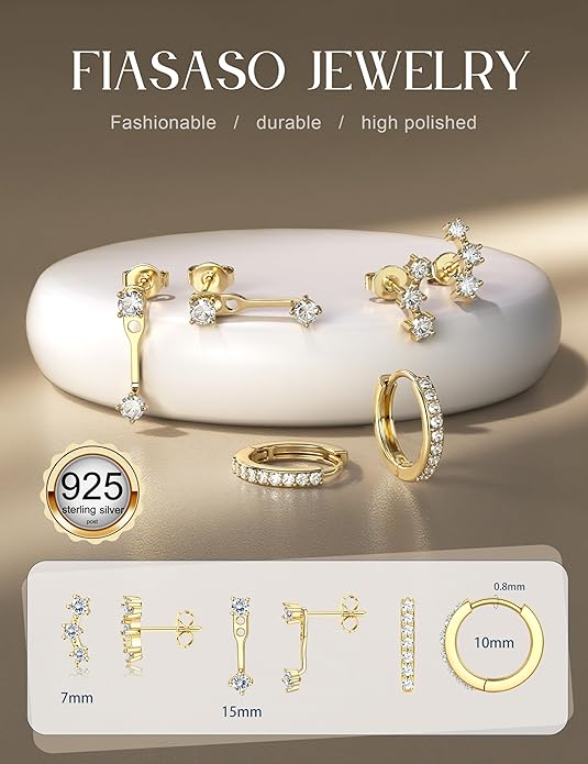 FIASASO 3 Pairs 925 Sterling Silver Hypoallergenic Earrings for Women Trendy - 14K Gold Plated Stud Hoop Cartilage Earrings Set Small Earring Stacks for Sensitive Ears Non Tarnish Dainty Silver Earring