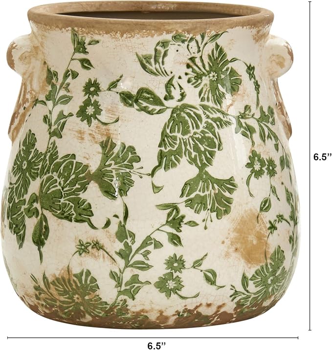 Nearly Natural 6.5 in Tuscan Ceramic Green Floral Scroll Decorative Vase | - Image 2