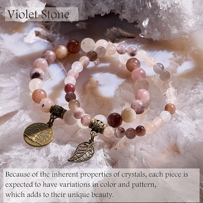 Bivei Natural Semi Precious Gemstone beads bracelet for women - Life Tree and Leaf Charm Energy Reiki Crystal Stretch Bracelets