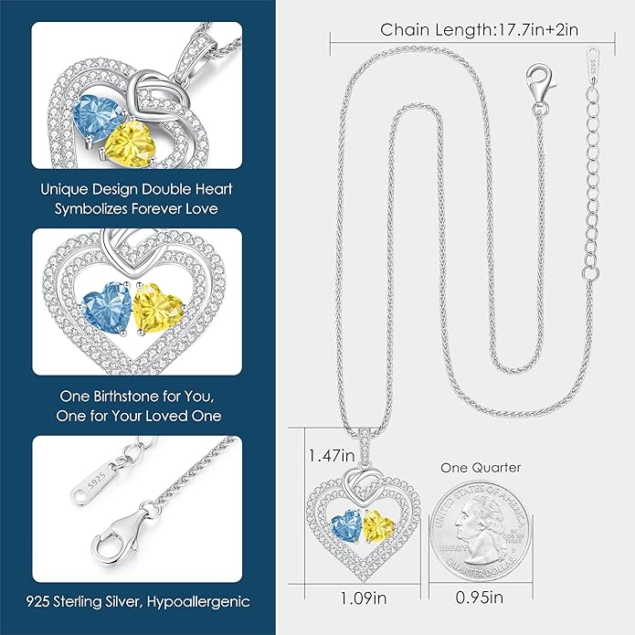LOUISA SECRET Sparkling Double Heart Birthstone Necklaces for Women, 925 Sterling Silver Fine Jewelry, Pendant Heart Necklaces Birthday Anniversary Christmas Gift for Women Wife Mom Girlfriend Lady