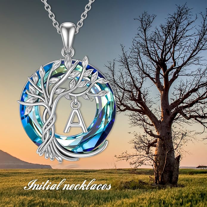 TOUPOP Gifts for Women Tree of Life Necklace 925 Sterling Silver Initial Pendant Family Tree Crystal Jewelry Valentine's Day Birthday Gifts for Her Mom Wife Girlfriend Daughter