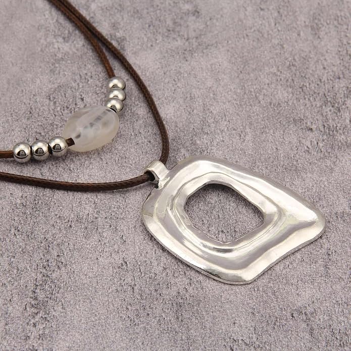 Boho Necklaces for Women Chunky Circle Necklace Layered Boho Circle Leather Choker Necklace Long Vintage Necklaces Bohemian Jewlery Gifts