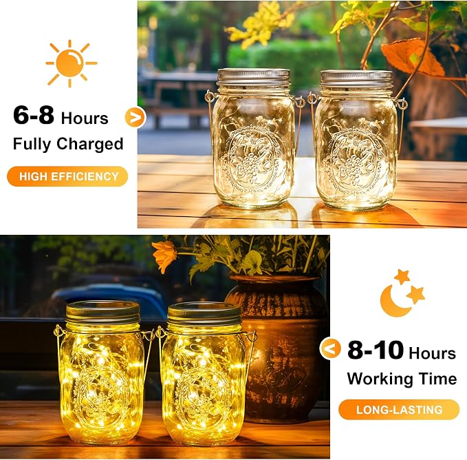 GIGALUMI Hanging Mason Jar Solar Lights, 6 Pack 30 Led Tinplate Lids | Hanging - Image 5