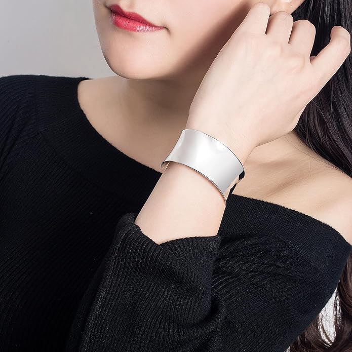 Dankadi Women 925 Sterling Silver Curved Bangle 30MM Wide Grooved Cuff Bangle Shiny Punk Open Bracelet Adjustable Plated 24k Gold/Rose Gold Jewelry Gift