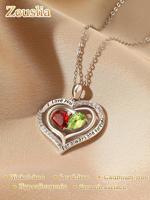Valentine's Day Gifts for Wife 925 Sterling Silver Double Birthstone Pendant Necklaces I Love You for Always and Forever Necklace Anniversary Birthday Gifts for Wife Girlfriend Mom Her