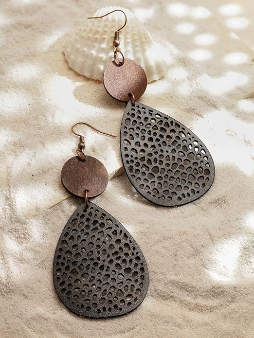 MINACHI Bohemian Hollow Cut-Out Wood Leather Dangle Drop Earrings, Boho Chic Hippie Statement Jewelry Gift for Women
